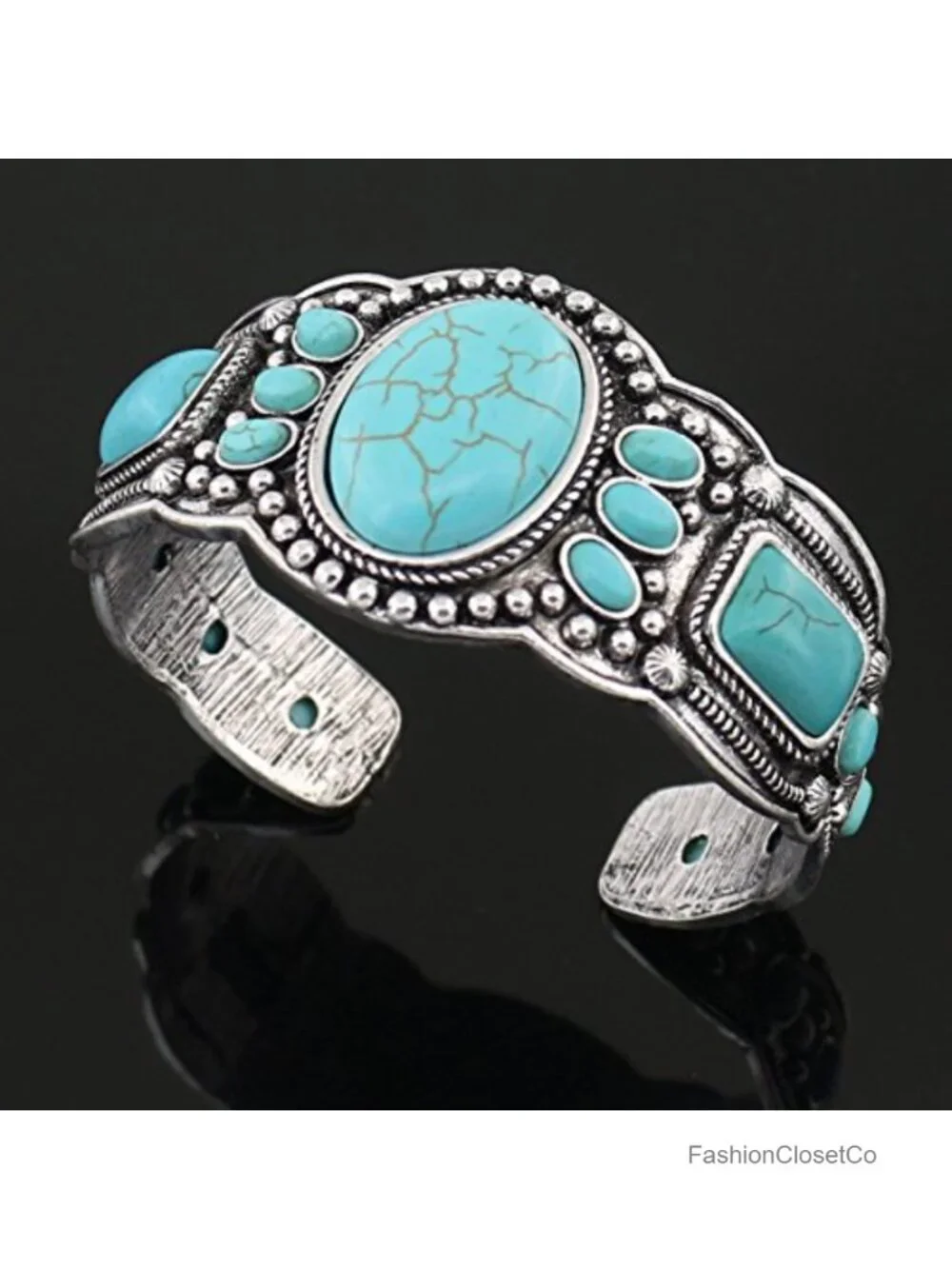 Antique Rgentium Plated Heart Cuff Bracelet Turquoise Bangle Jewelry